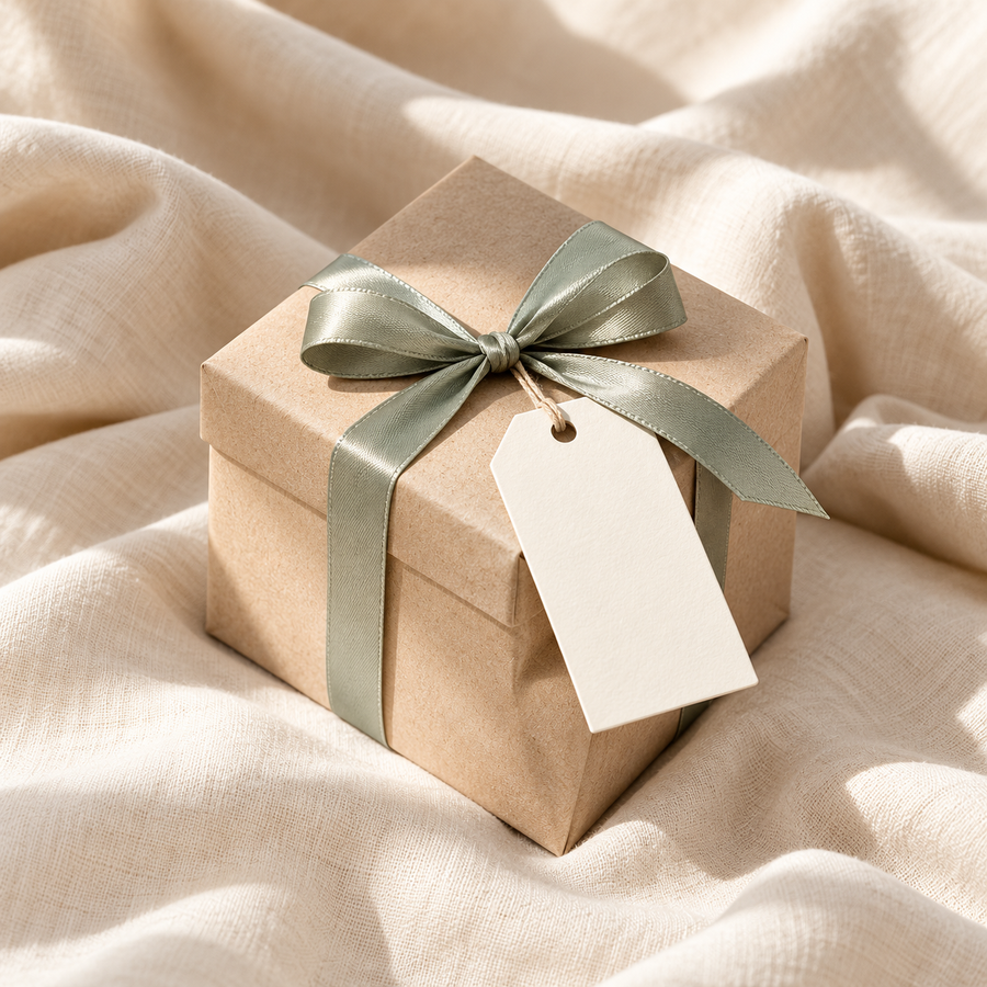 Kraft gift box with a sage-green ribbon placed on cream fabric