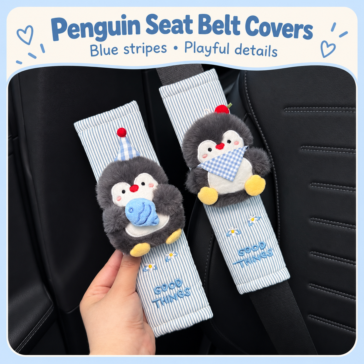 Penguin seat belt covers with blue stripes and playful details.