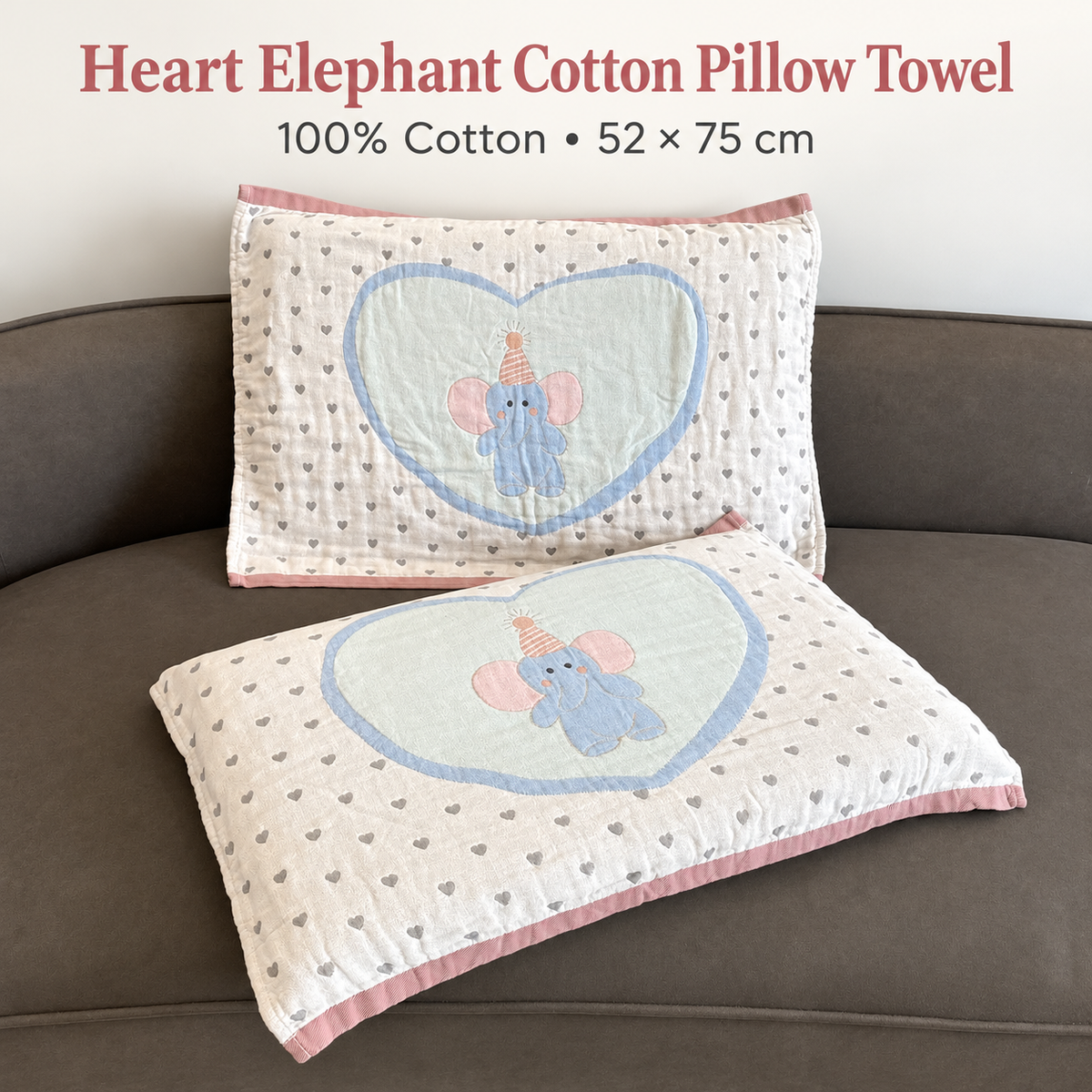 Heart elephant cotton pillow towel with 100% cotton and 52 by 75 cm detail.