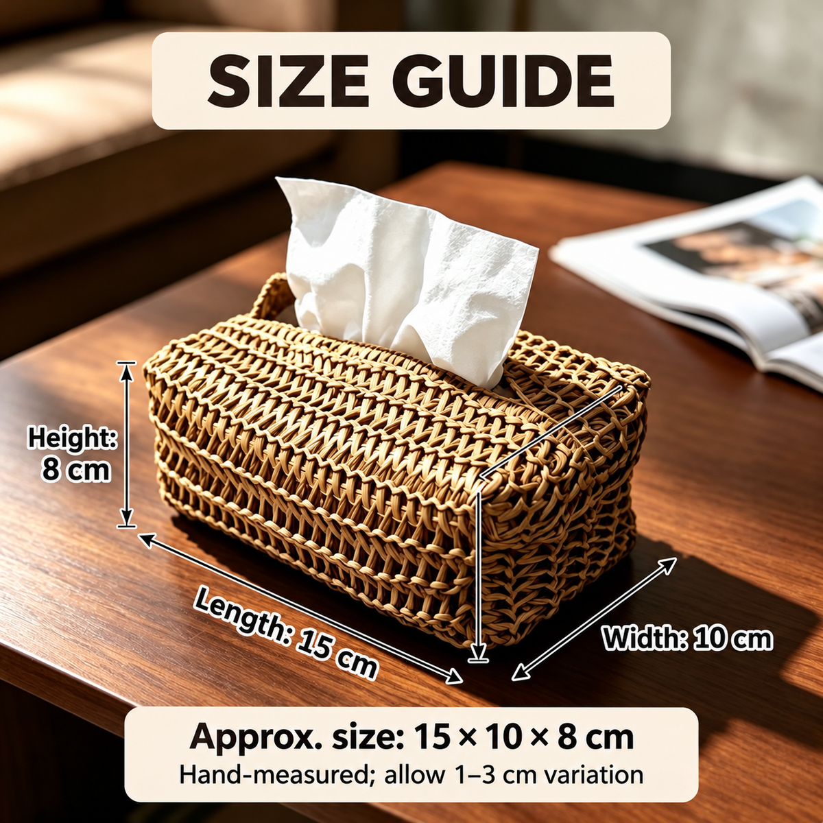 Size guide showing the woven tissue box cover at approximately 15 by 10 by 8 centimetres, with a 1 to 3 centimetre manual measurement variation.