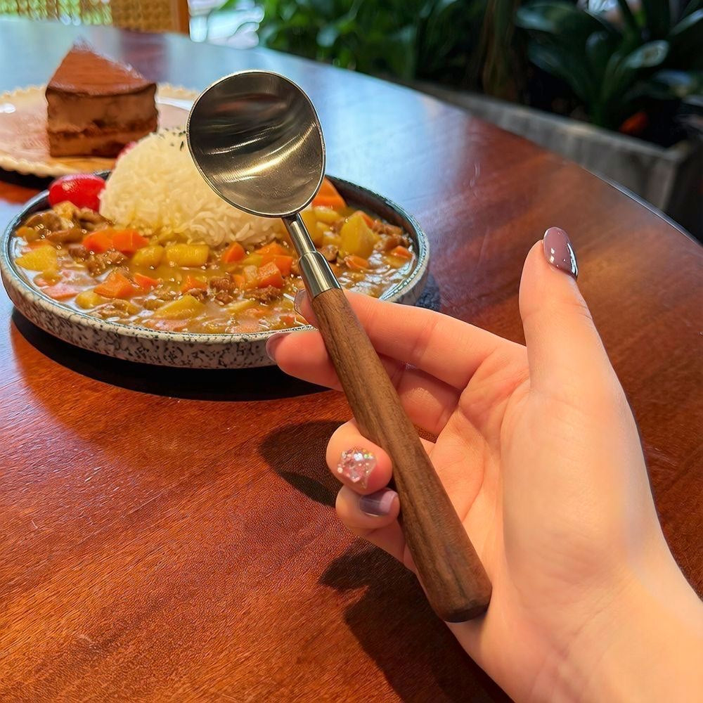 Single melon baller spoon showing its curved stainless steel scoop and walnut-style handle.