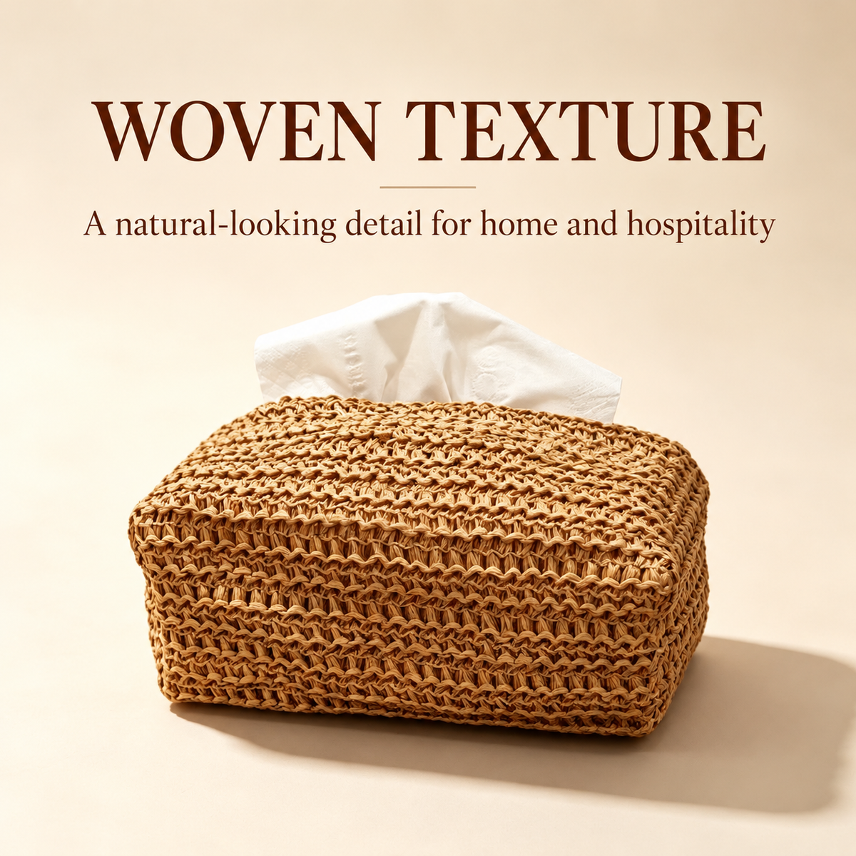 Woven tissue box cover with a natural-looking texture for home and hospitality spaces.