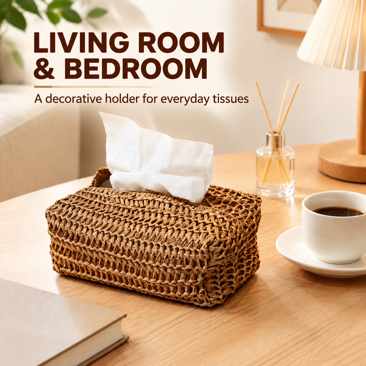 Woven tissue holder shown in a living room setting, with a message about living room and bedroom use.