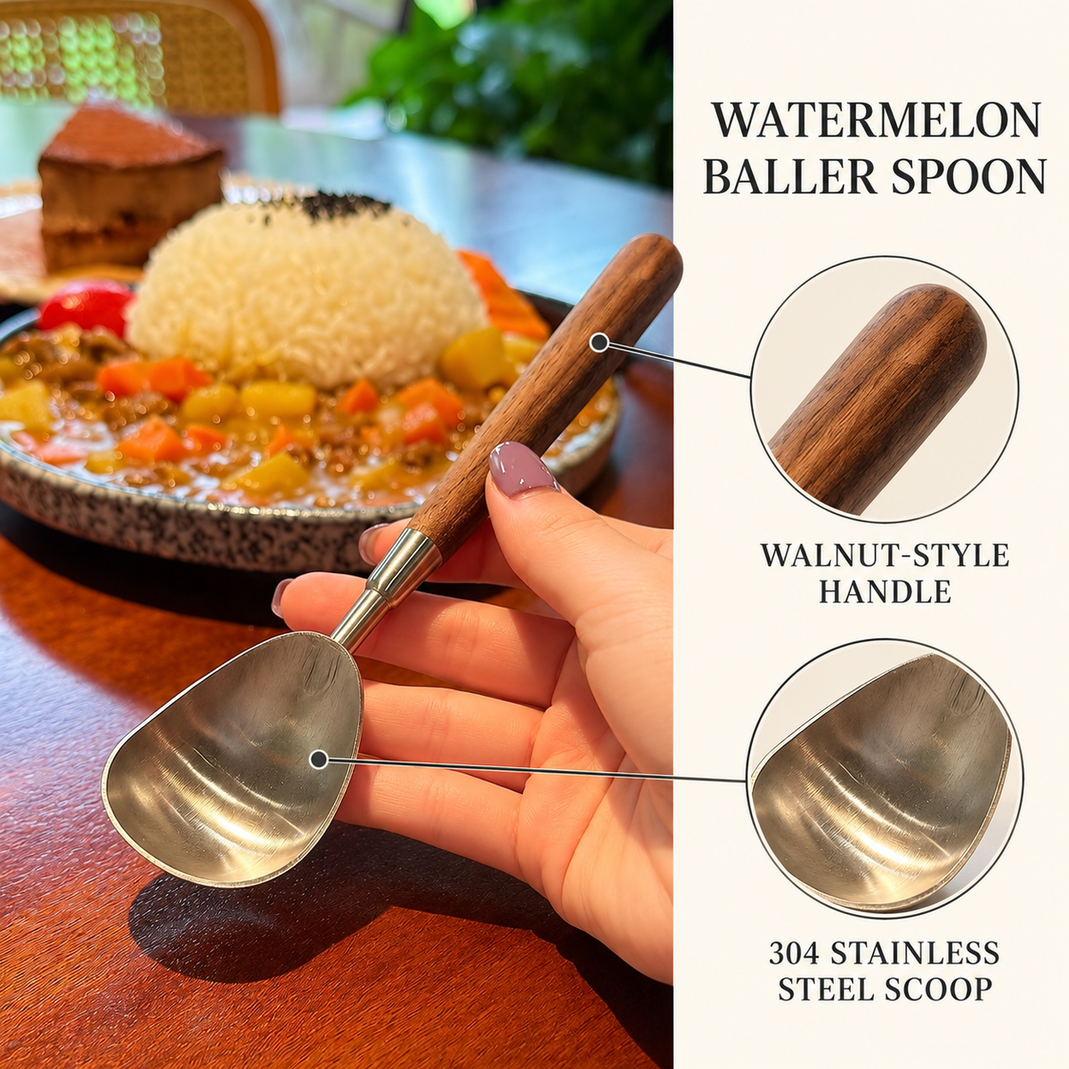 Watermelon baller spoon with a 304 stainless steel scoop and walnut-style handle, shown with labelled product feature callouts.