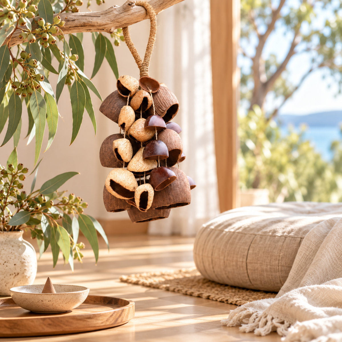 Natural nutshell hanging decoration that makes a gentle rattle when moved