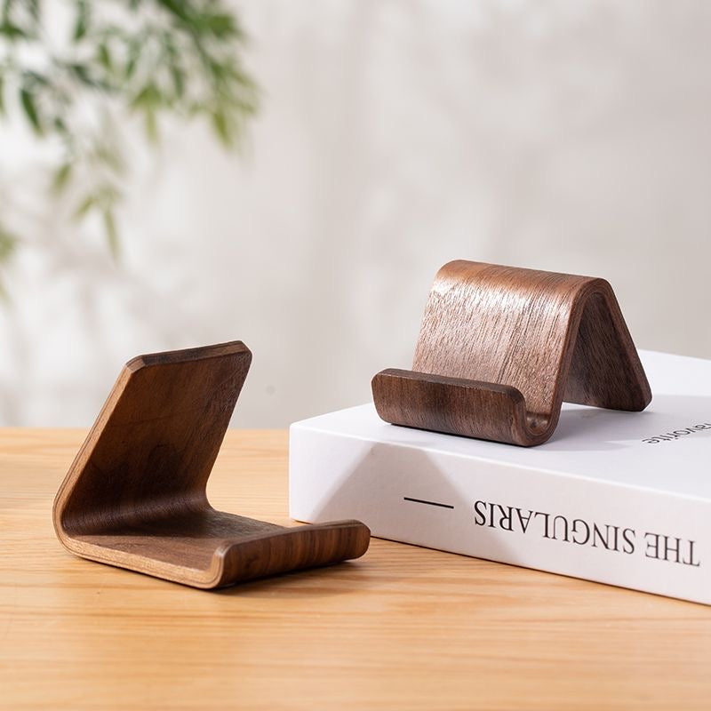 Walnut-style desktop phone stand with angled support