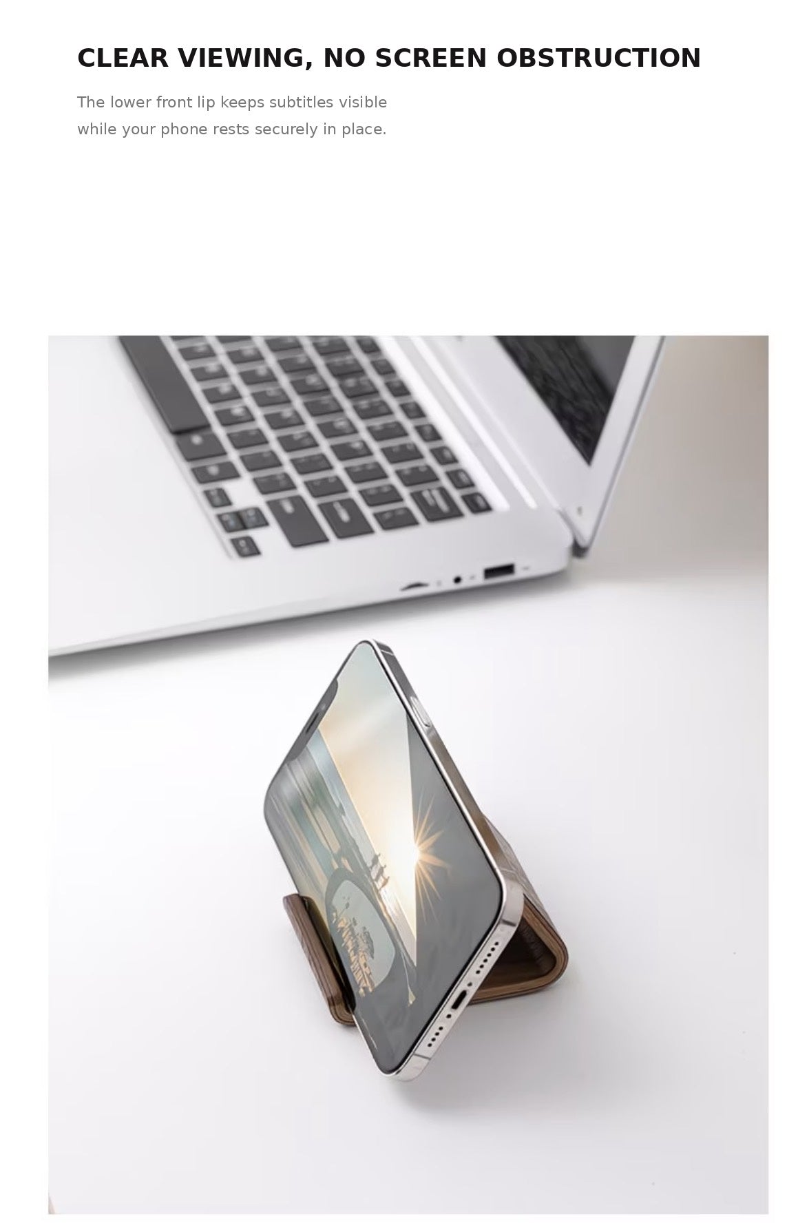 Compact wood-look phone stand for hands-free viewing