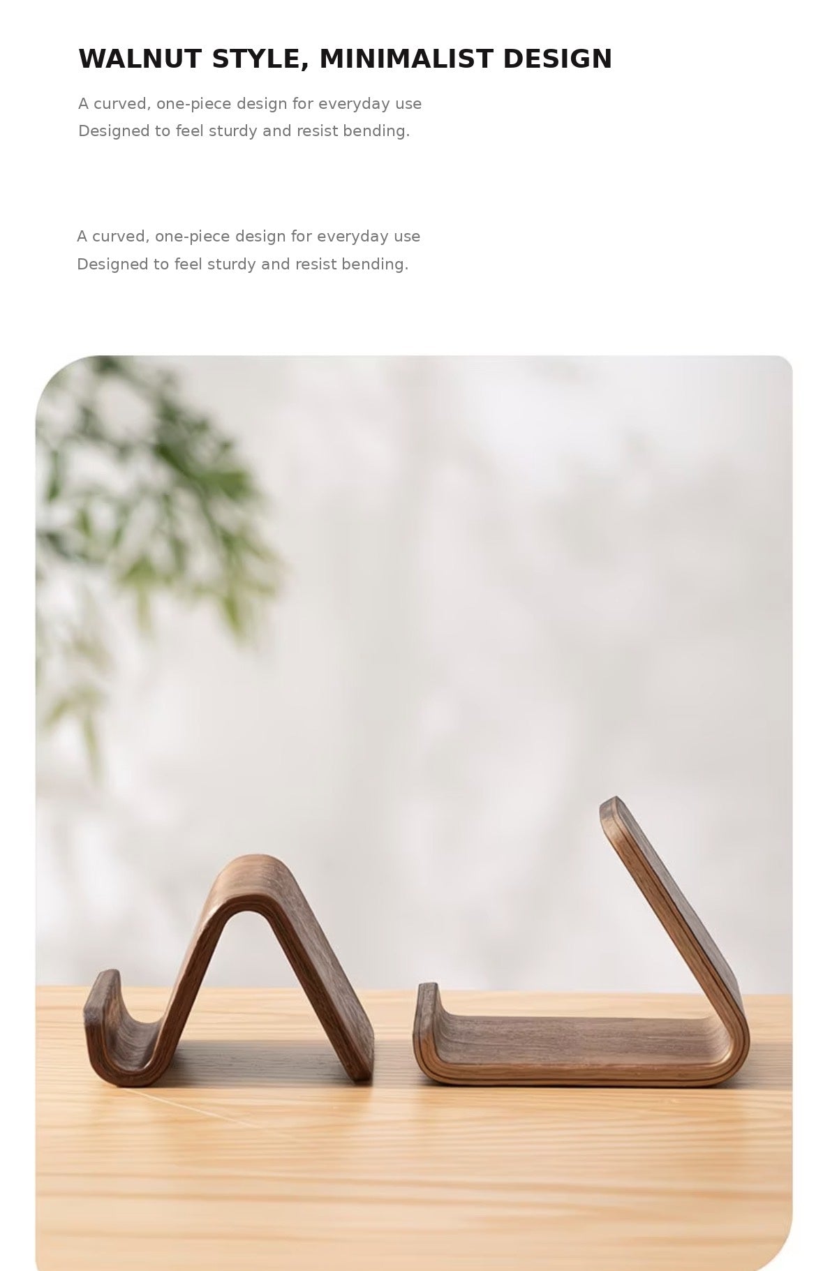 Minimalist walnut-style holder for a phone on a desk