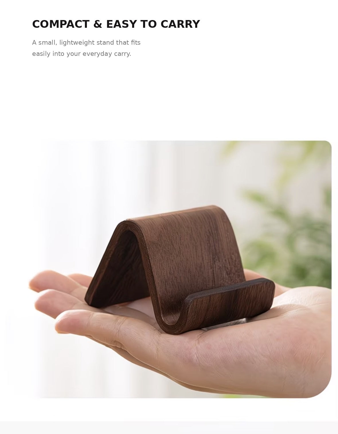 Walnut-style phone stand for a bedside table or kitchen counter