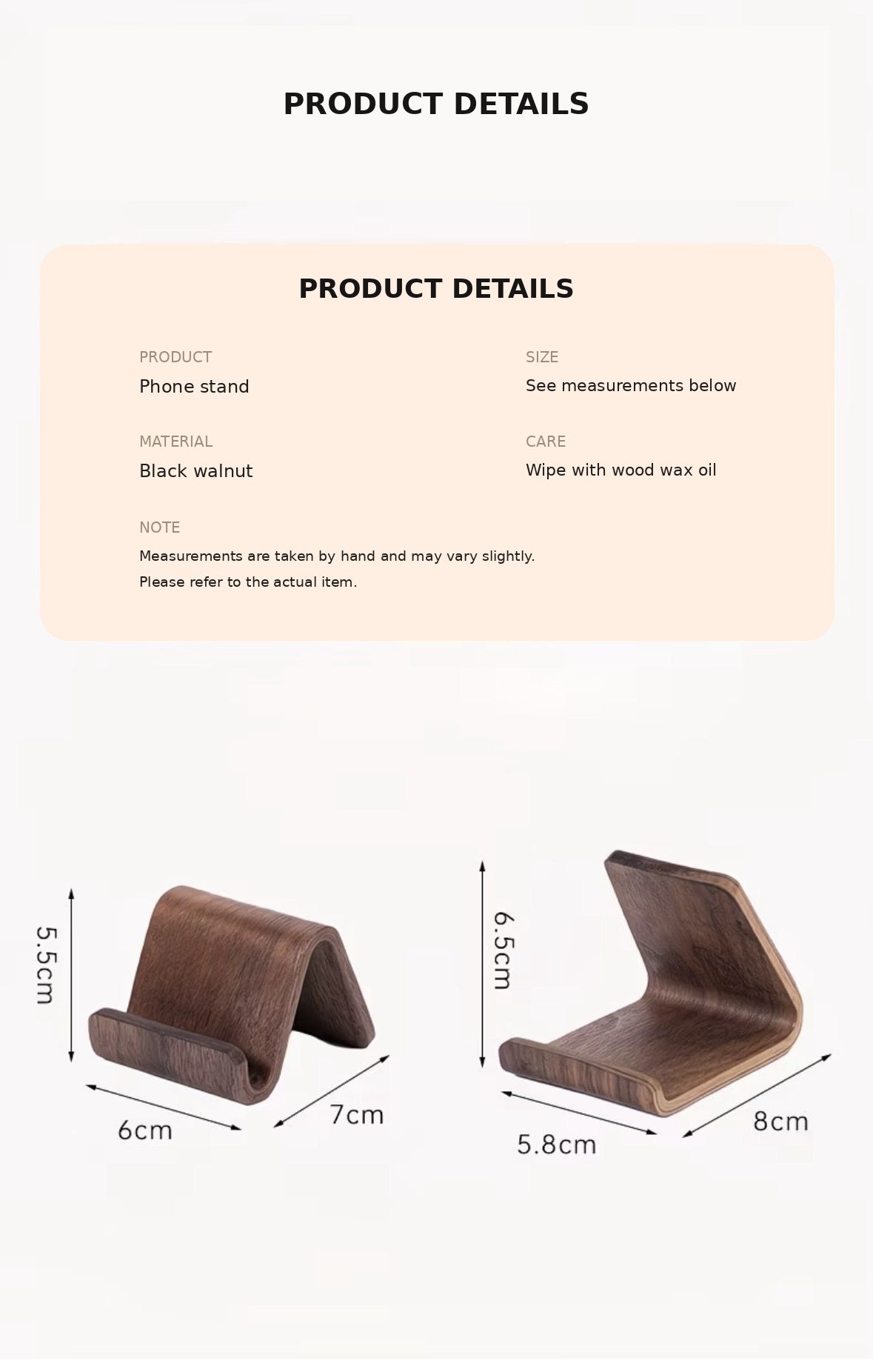 Compact desktop phone stand with a warm wood-look finish