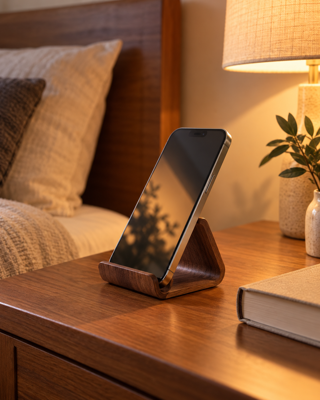 Walnut-Style Phone Stand – Minimalist Desktop Holder