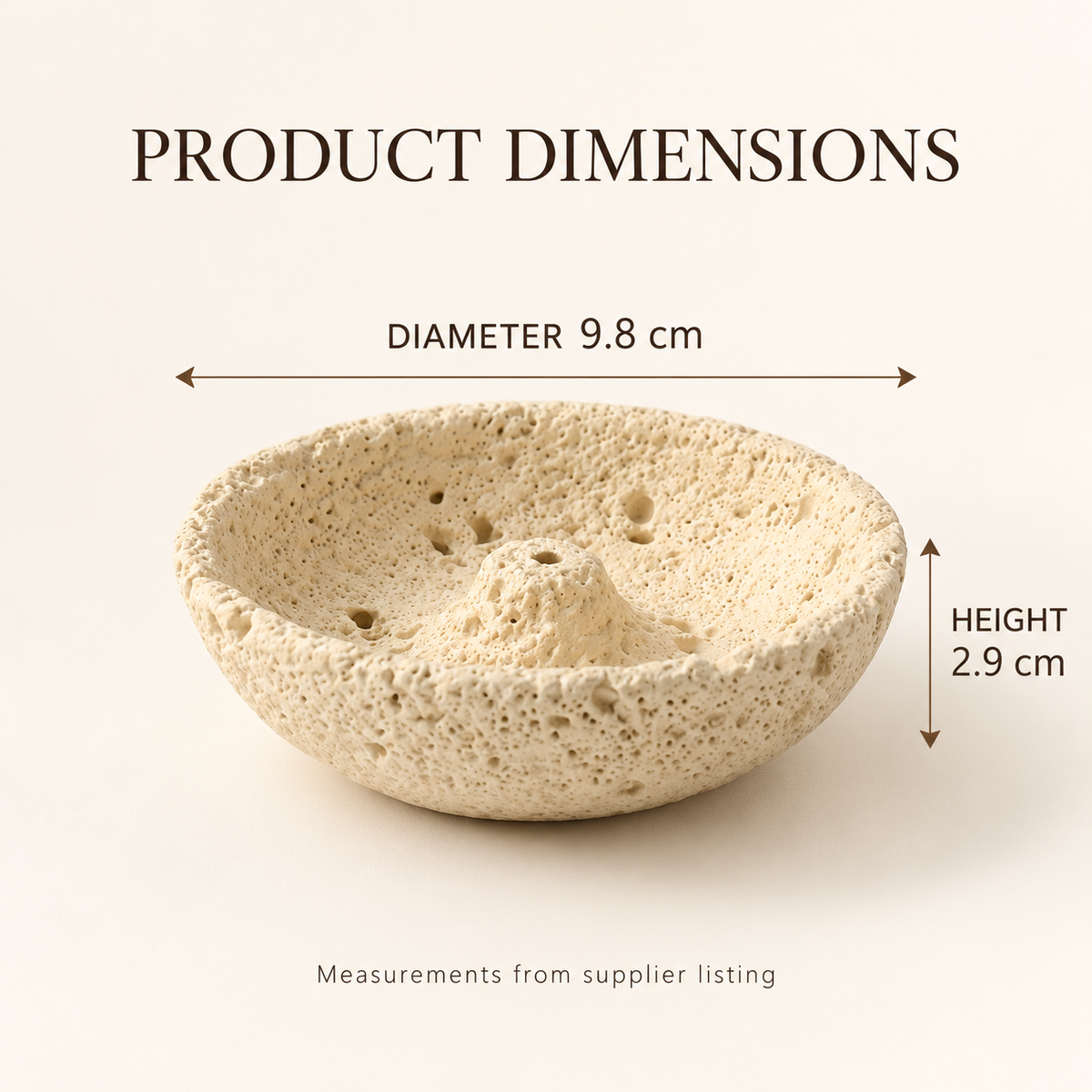 Round cement incense holder dimensions: diameter 9.8 cm and height 2.9 cm