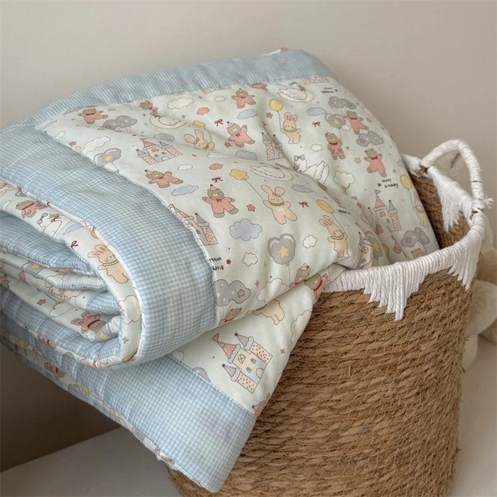 Blue gingham quilt with generic cloud and castle print — Cloud Castle pattern