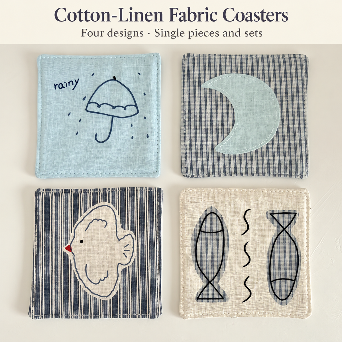Four cotton-linen fabric coasters in Rainy Day, Moon, Bird and Fish designs, with an English title.