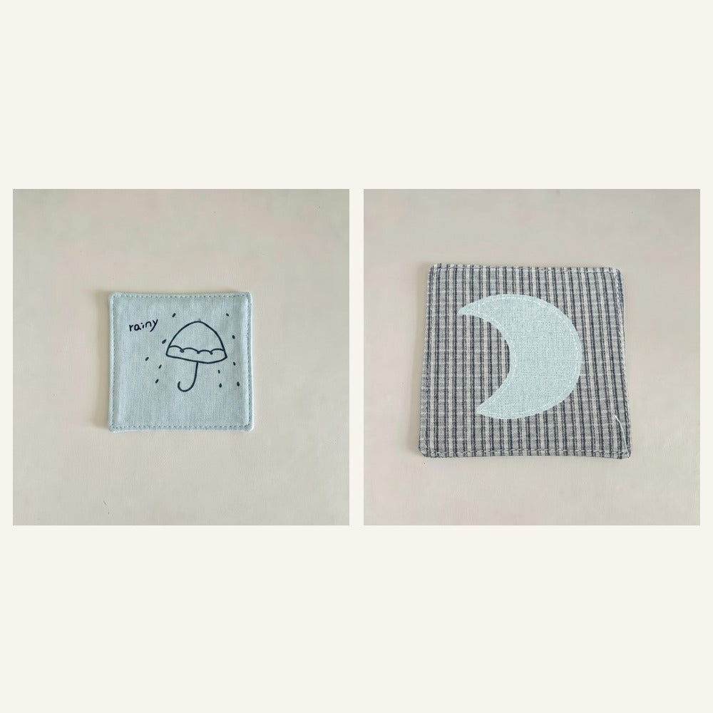 Cotton-linen fabric coaster set showing rain and moon designs.