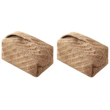 Two matching coarse weave fabric tissue box covers