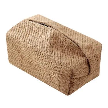 Single coarse weave fabric tissue box cover on white