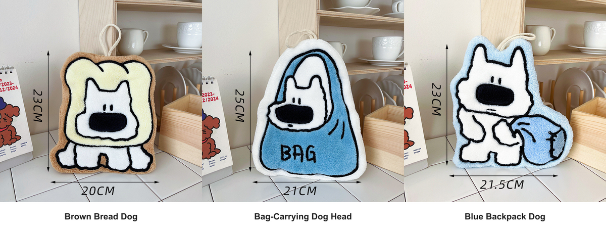 Three-piece set showing Brown Bread Dog, Bag-Carrying Dog Head, and Blue Backpack Dog microfiber hanging hand towels