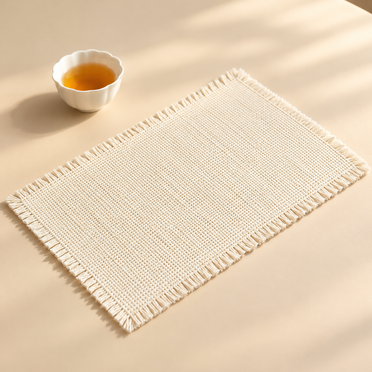 Natural cream woven fringed fabric base tea mat