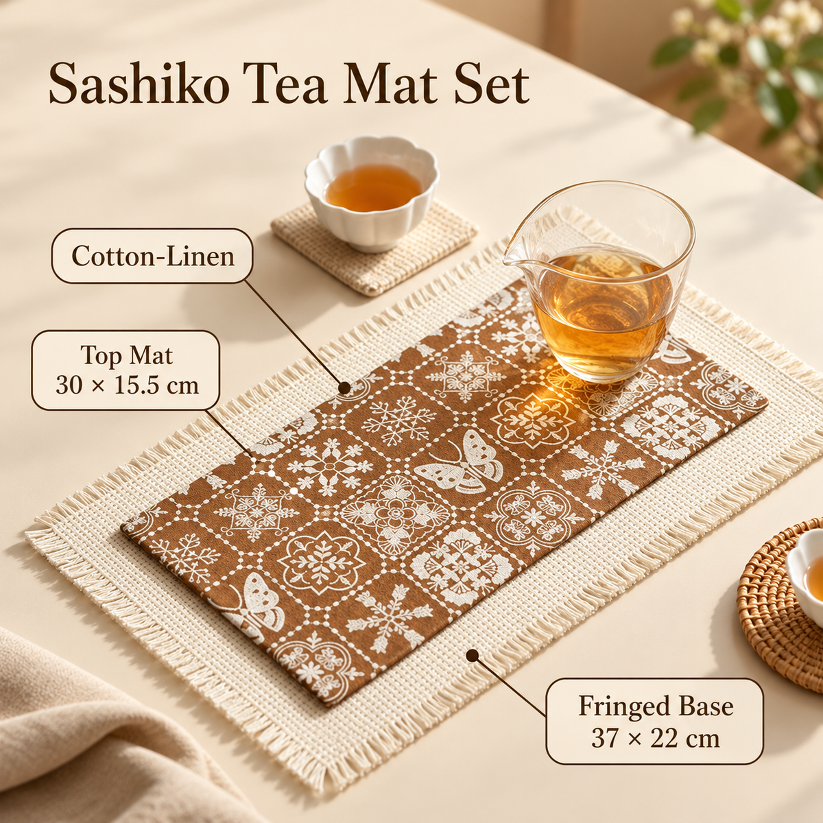 Sashiko tea mat set with a brown patterned cotton-linen top mat and fringed base, showing confirmed dimensions