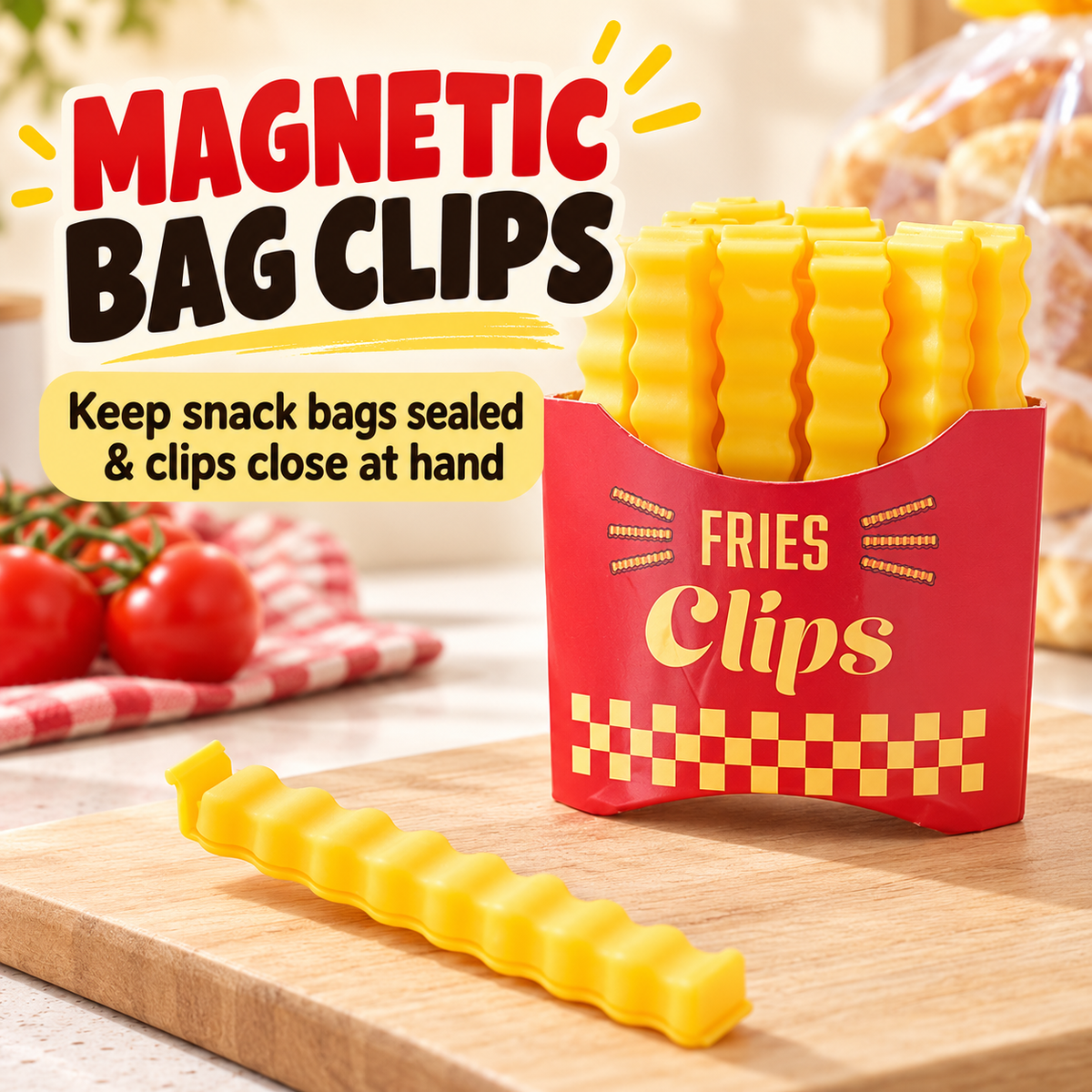 English feature graphic showing the red fries-shaped holder and yellow bag clips for closing snack bags and keeping clips close at hand.