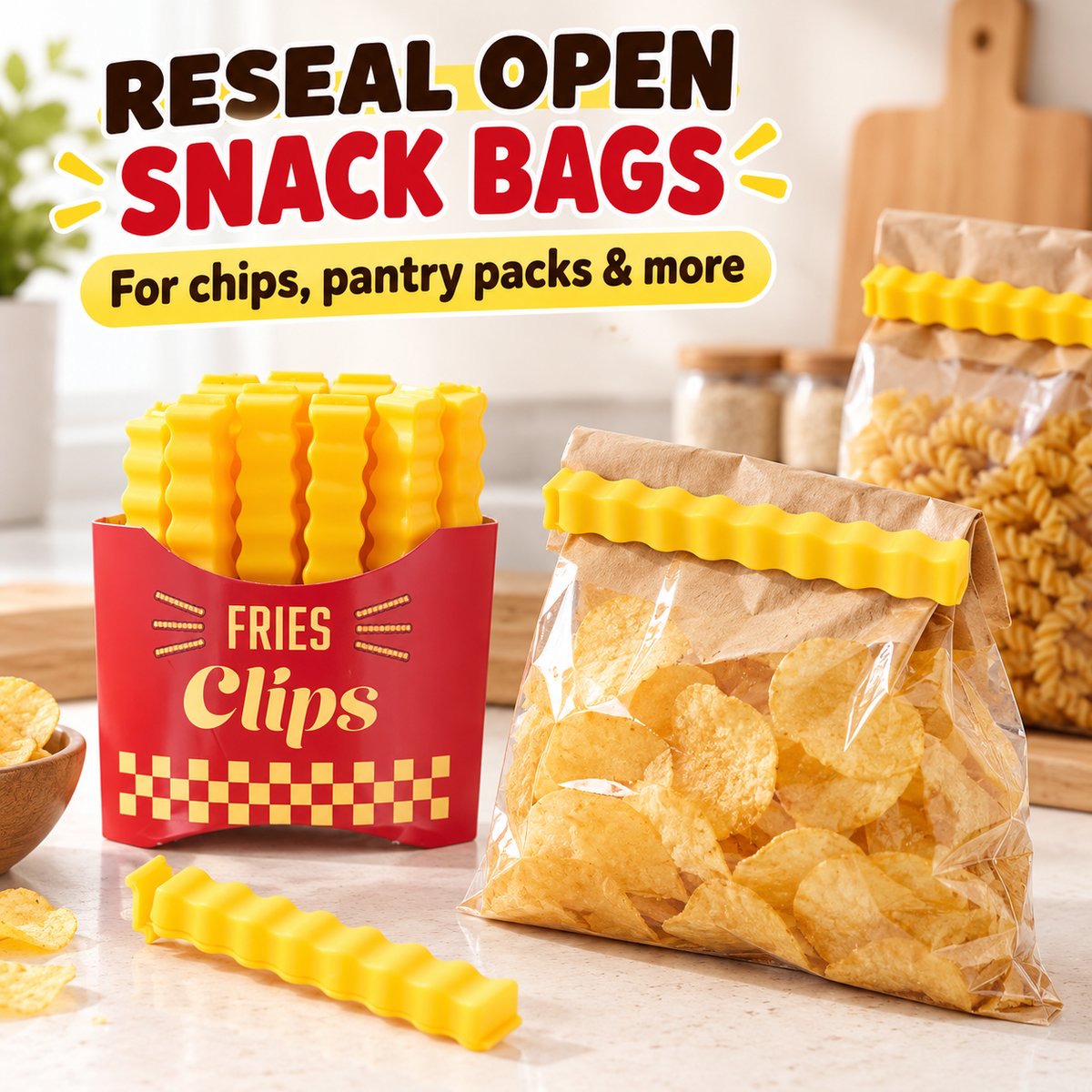 Yellow wavy clip closing an opened snack bag beside the red fries-shaped holder in a kitchen setting.