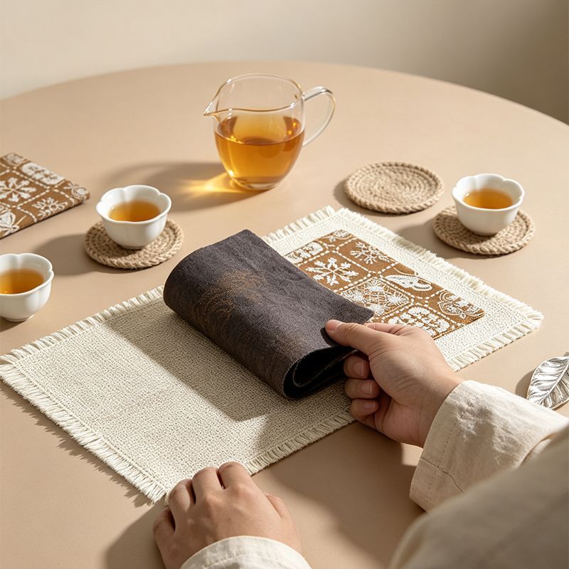 Brown patterned tea mat and fringed base mat on a tea table
