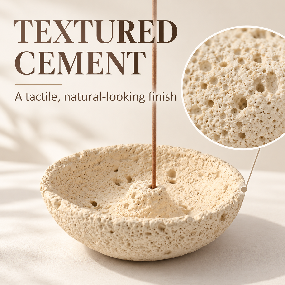 Close-up of the textured cement finish on an incense holder